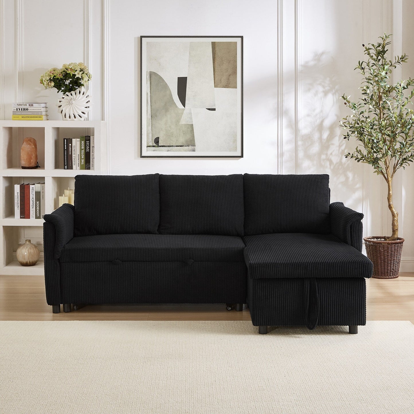 Divano letto estraibile modulare in velluto a coste trasformabile con chaise longue contenitore e schienale reclinabile per soggiorno