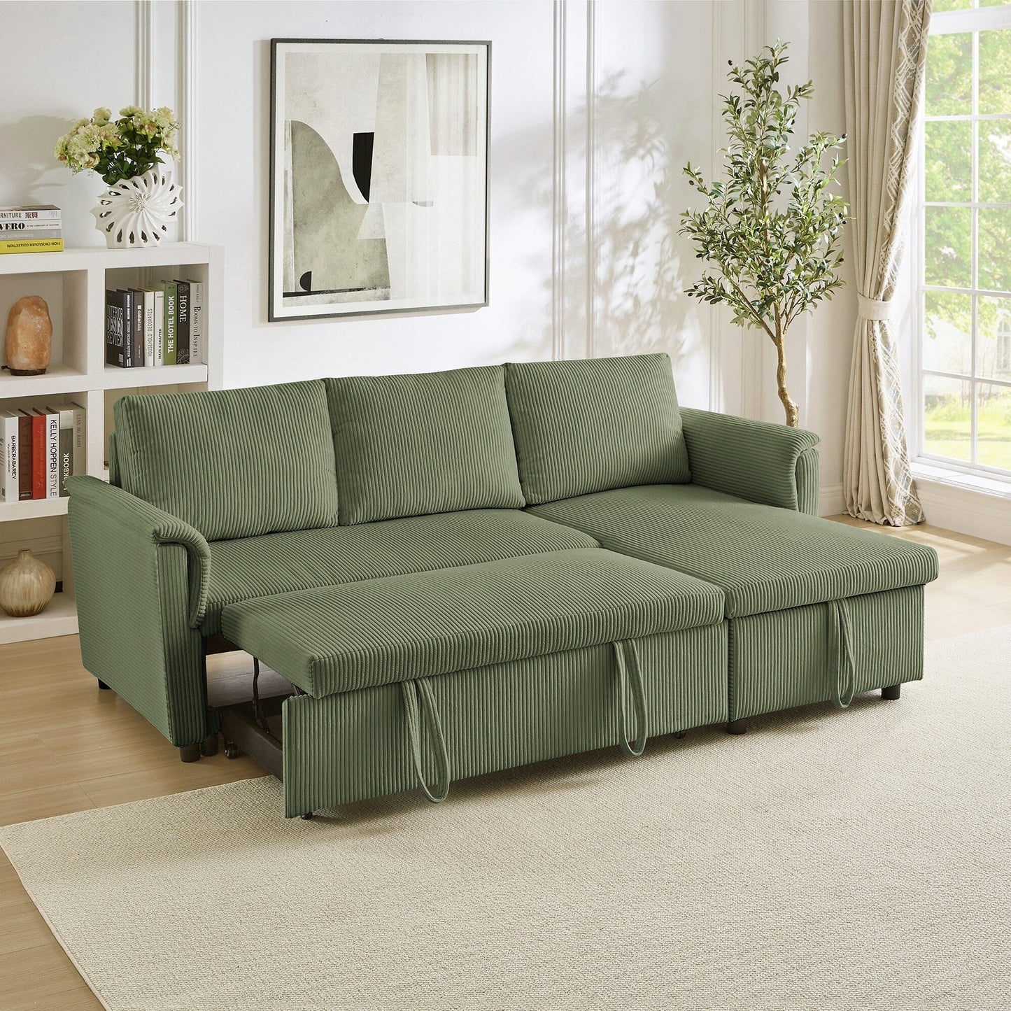Divano letto estraibile modulare in velluto a coste trasformabile con chaise longue contenitore e schienale reclinabile per soggiorno