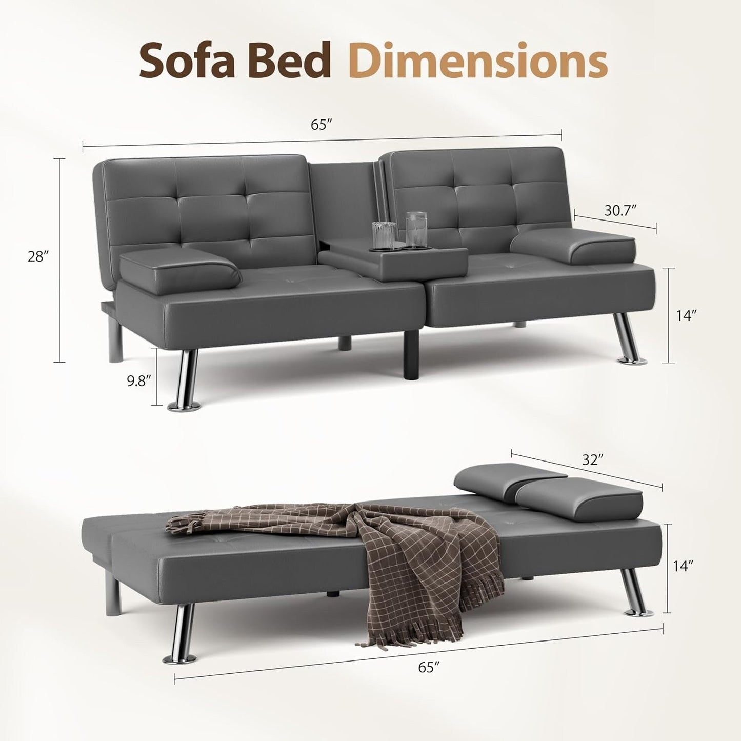 Divano letto futon pieghevole trasformabile - Divano letto in similpelle con braccioli rimovibili, gambe in metallo e portabicchieri, nero