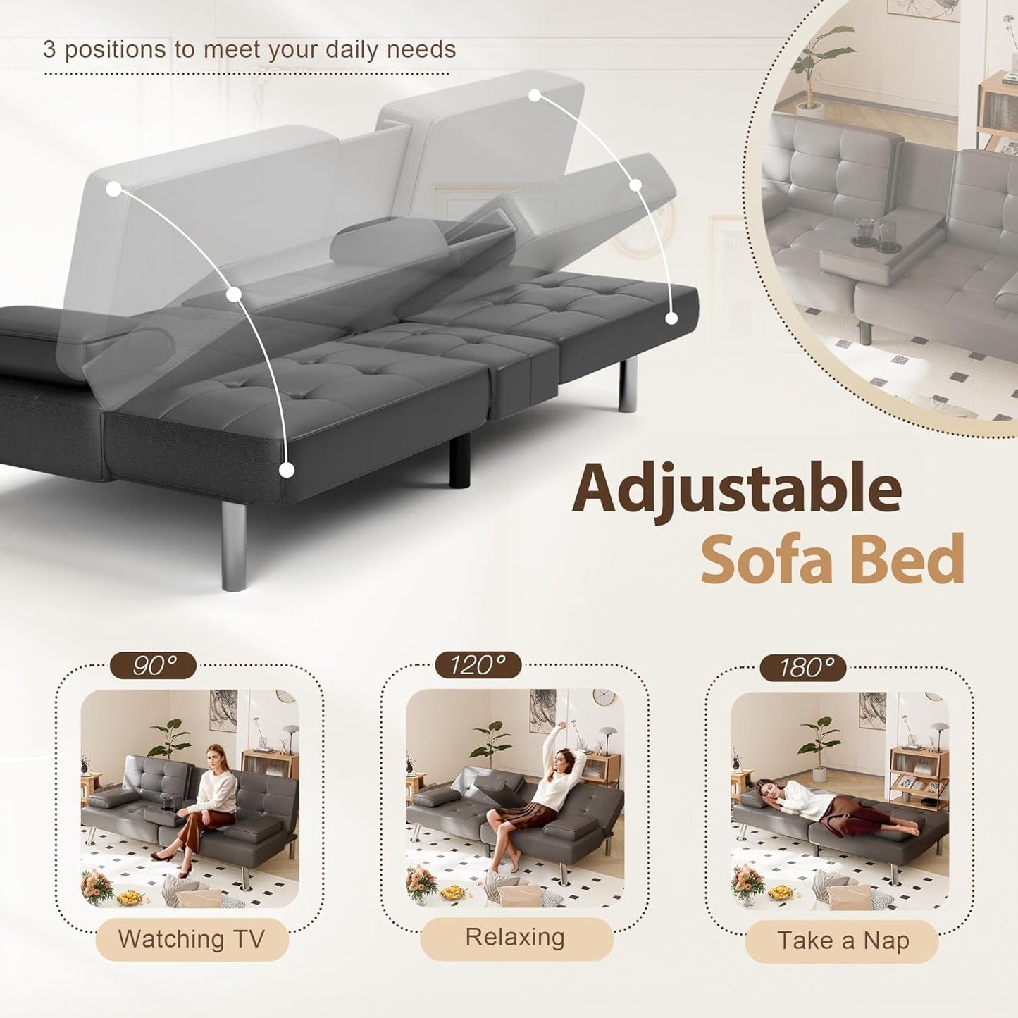 Divano letto futon pieghevole trasformabile - Divano letto in similpelle con braccioli rimovibili, gambe in metallo e portabicchieri, nero