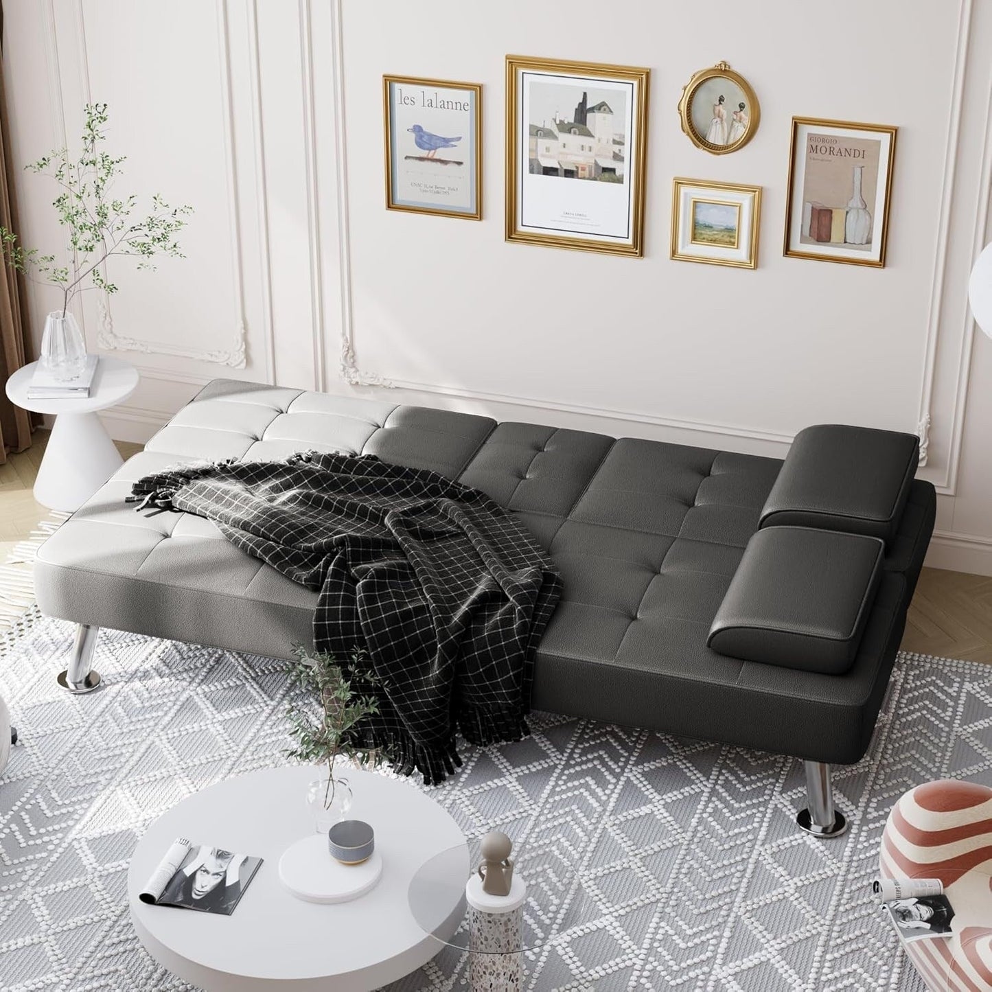 Divano letto futon pieghevole trasformabile - Divano letto in similpelle con braccioli rimovibili, gambe in metallo e portabicchieri, nero