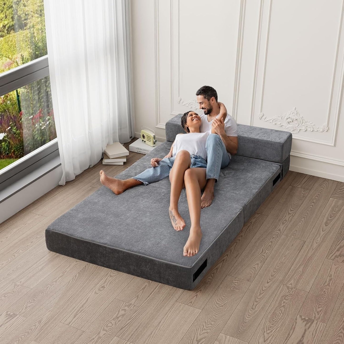 Divano letto pieghevole convertibile - Poltrona letto matrimoniale con cuscino e materasso in schiuma, divano futon grigio per soggiorno/camera da letto