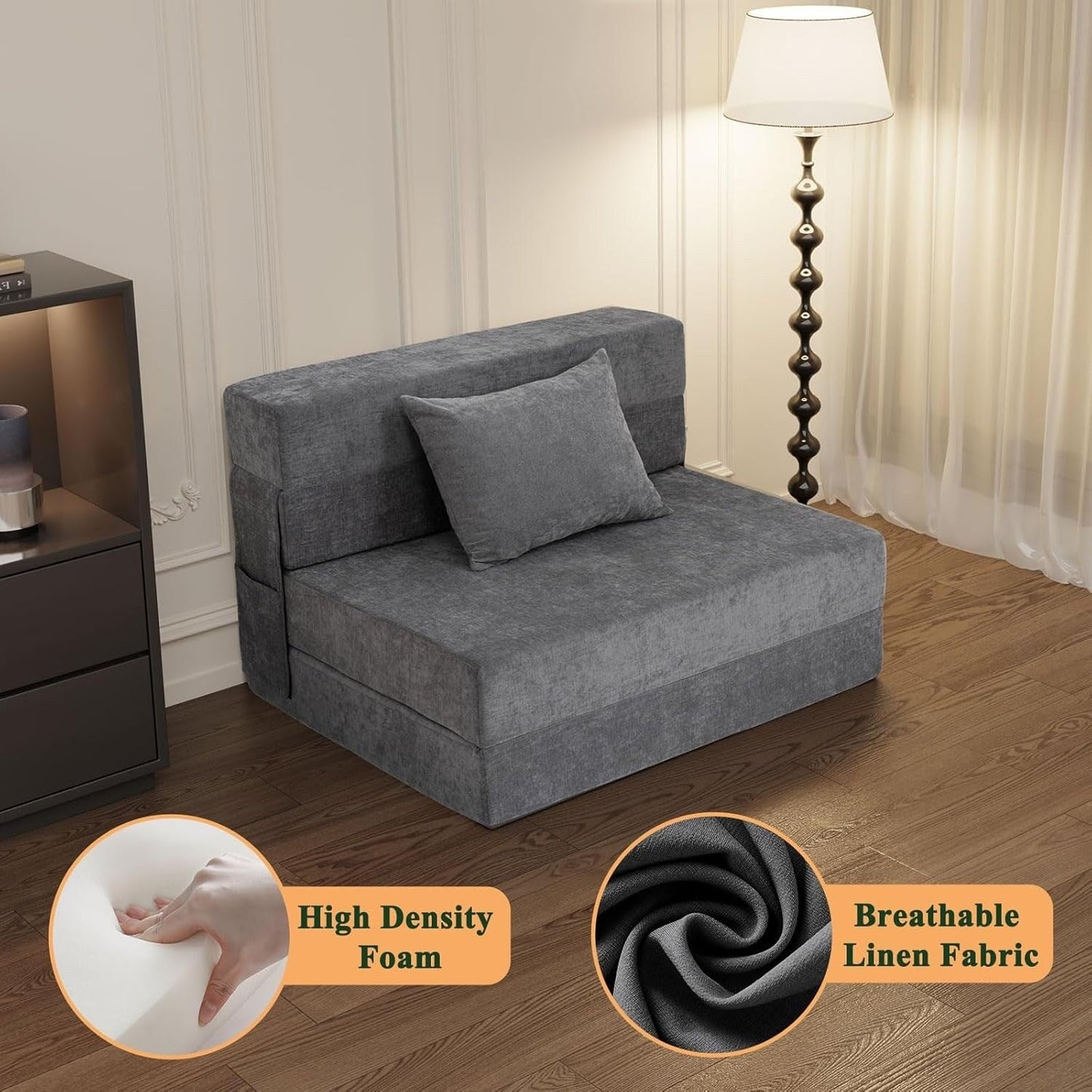 Divano letto pieghevole convertibile - Poltrona letto matrimoniale con cuscino e materasso in schiuma, divano futon grigio per soggiorno/camera da letto