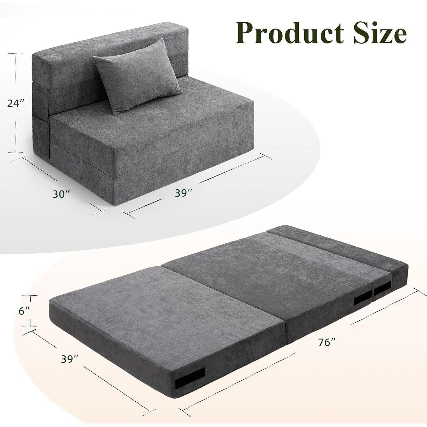 Divano letto pieghevole convertibile - Poltrona letto matrimoniale con cuscino e materasso in schiuma, divano futon grigio per soggiorno/camera da letto