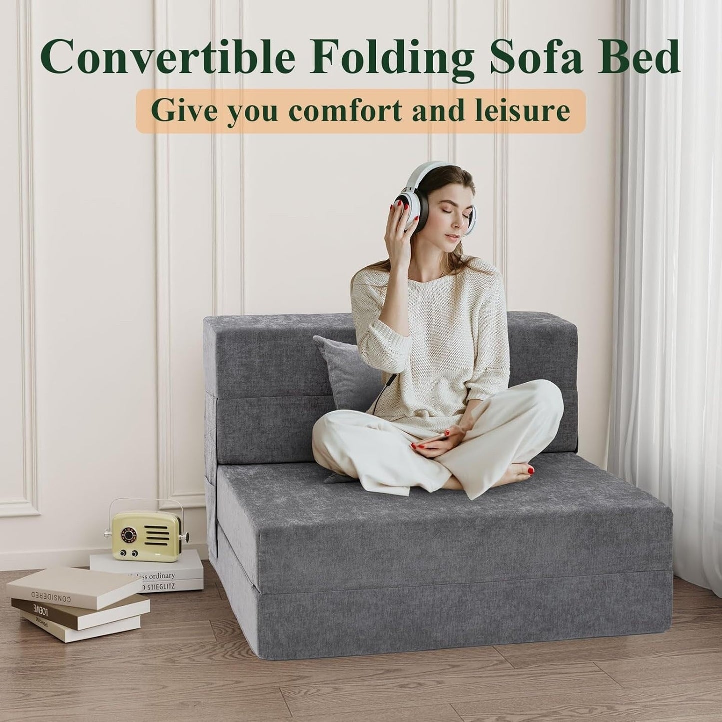 Divano letto pieghevole convertibile - Poltrona letto matrimoniale con cuscino e materasso in schiuma, divano futon grigio per soggiorno/camera da letto