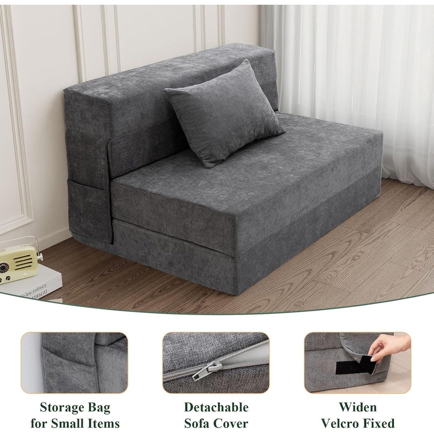 Divano letto pieghevole convertibile - Poltrona letto matrimoniale con cuscino e materasso in schiuma, divano futon grigio per soggiorno/camera da letto