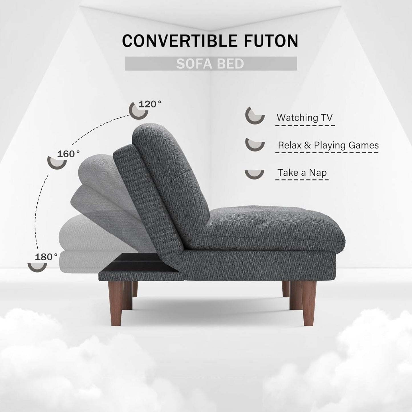 Divano letto futon trasformabile con schienale regolabile - Divano letto imbottito per soggiorno, tessuto grigio