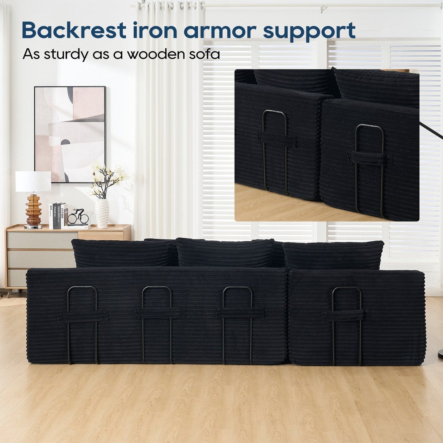 Divano componibile a L in velluto a coste, divano modulare a 3 posti con struttura in acciaio per camere da letto e home theater