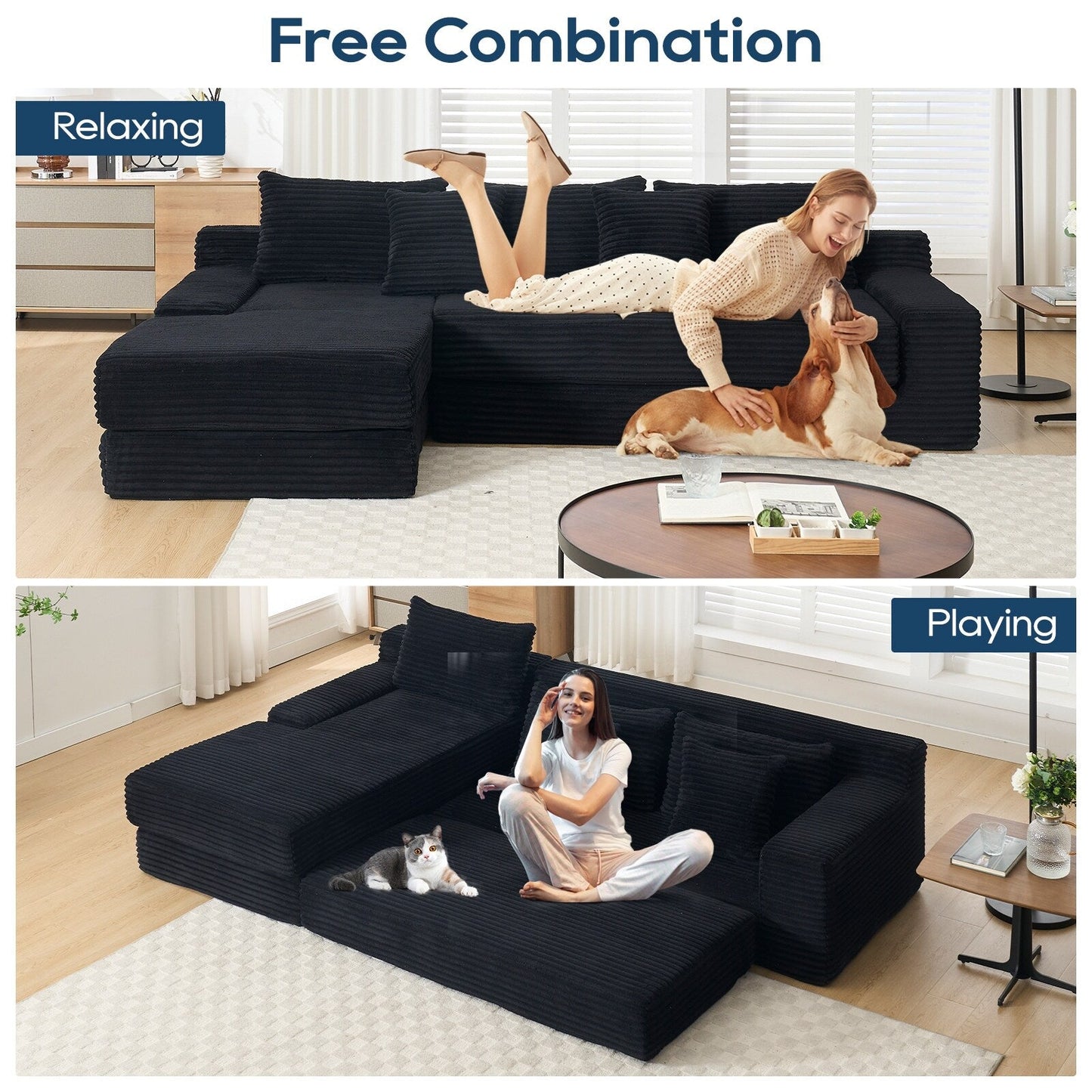 Divano componibile a L in velluto a coste, divano modulare a 3 posti con struttura in acciaio per camere da letto e home theater