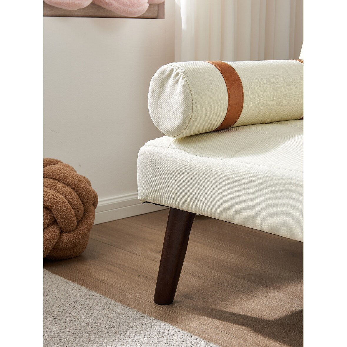 Divano letto futon trasformabile con gambe in legno massello, tessuto di lino grigio