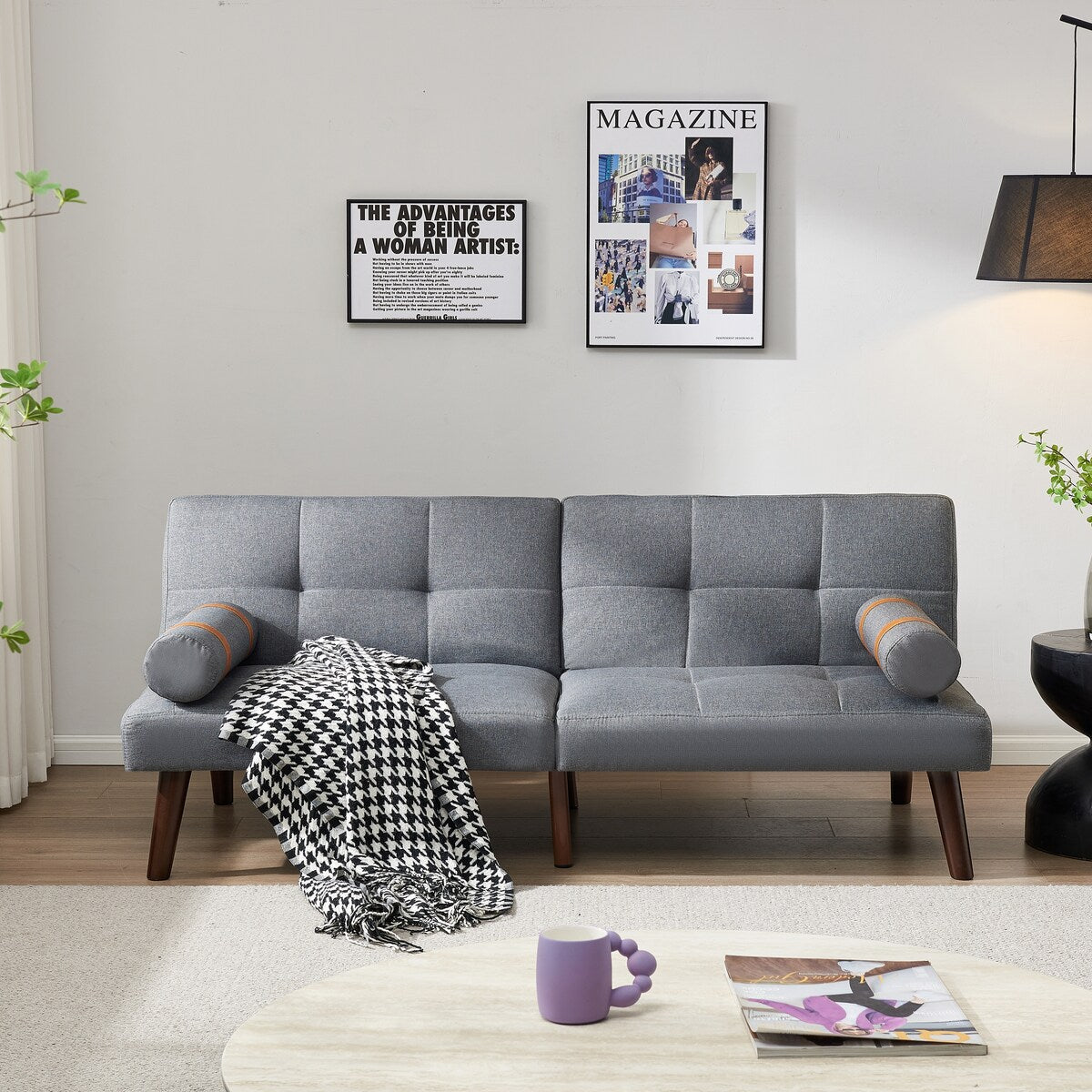 Divano letto futon trasformabile con gambe in legno massello, tessuto di lino grigio