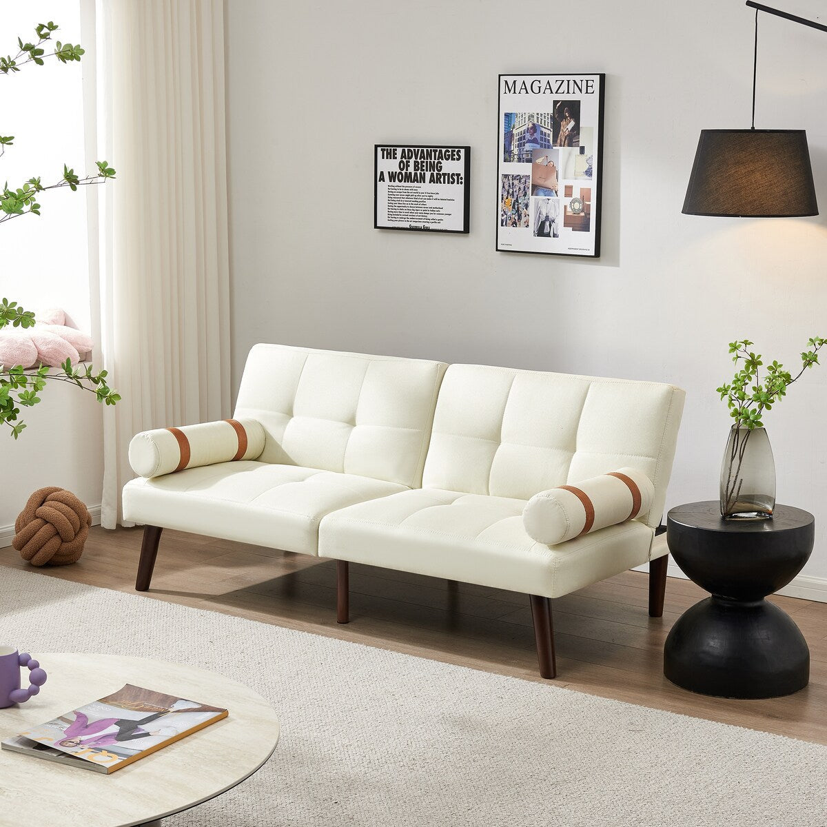 Divano letto futon trasformabile con gambe in legno massello, tessuto di lino grigio