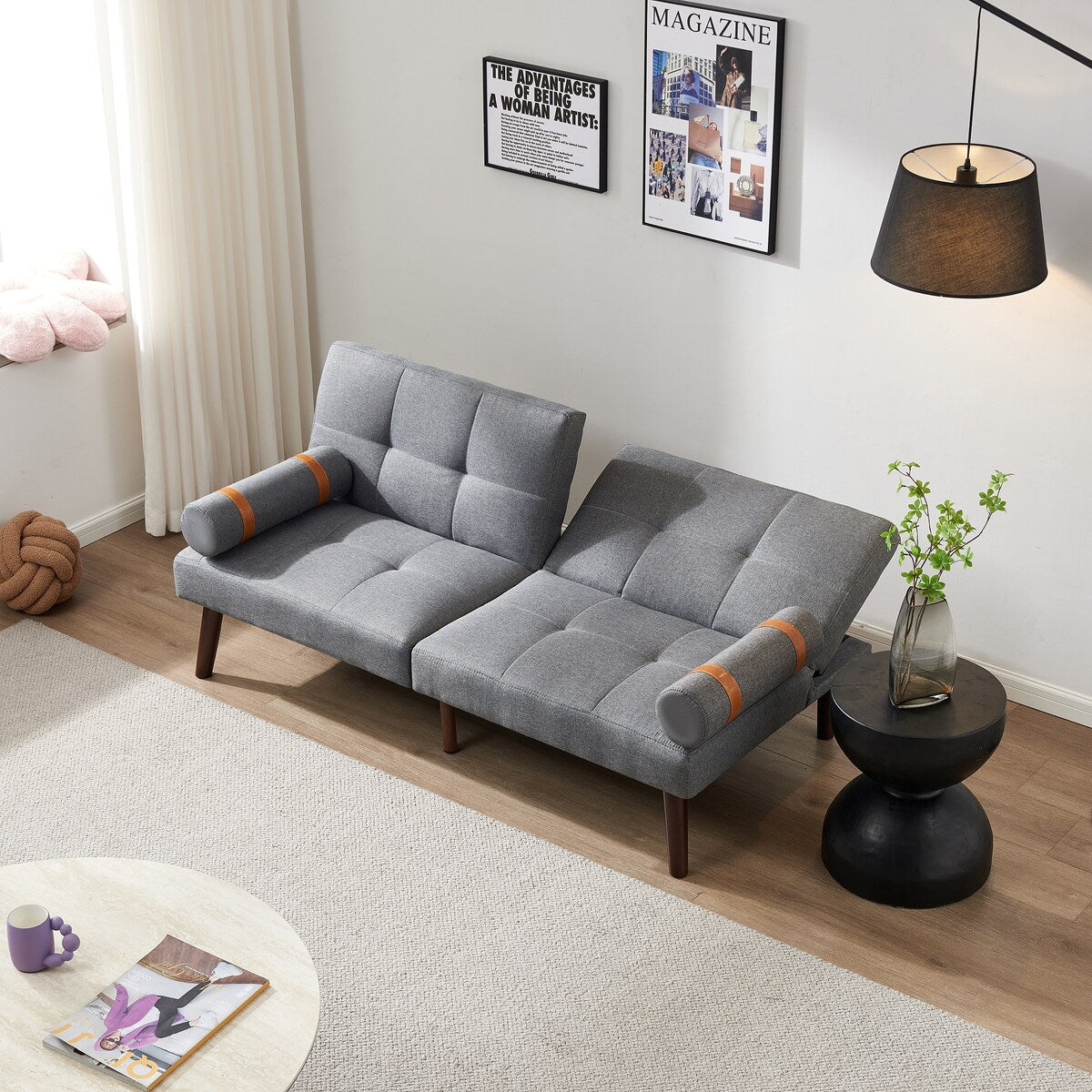 Divano letto futon trasformabile con gambe in legno massello, tessuto di lino grigio
