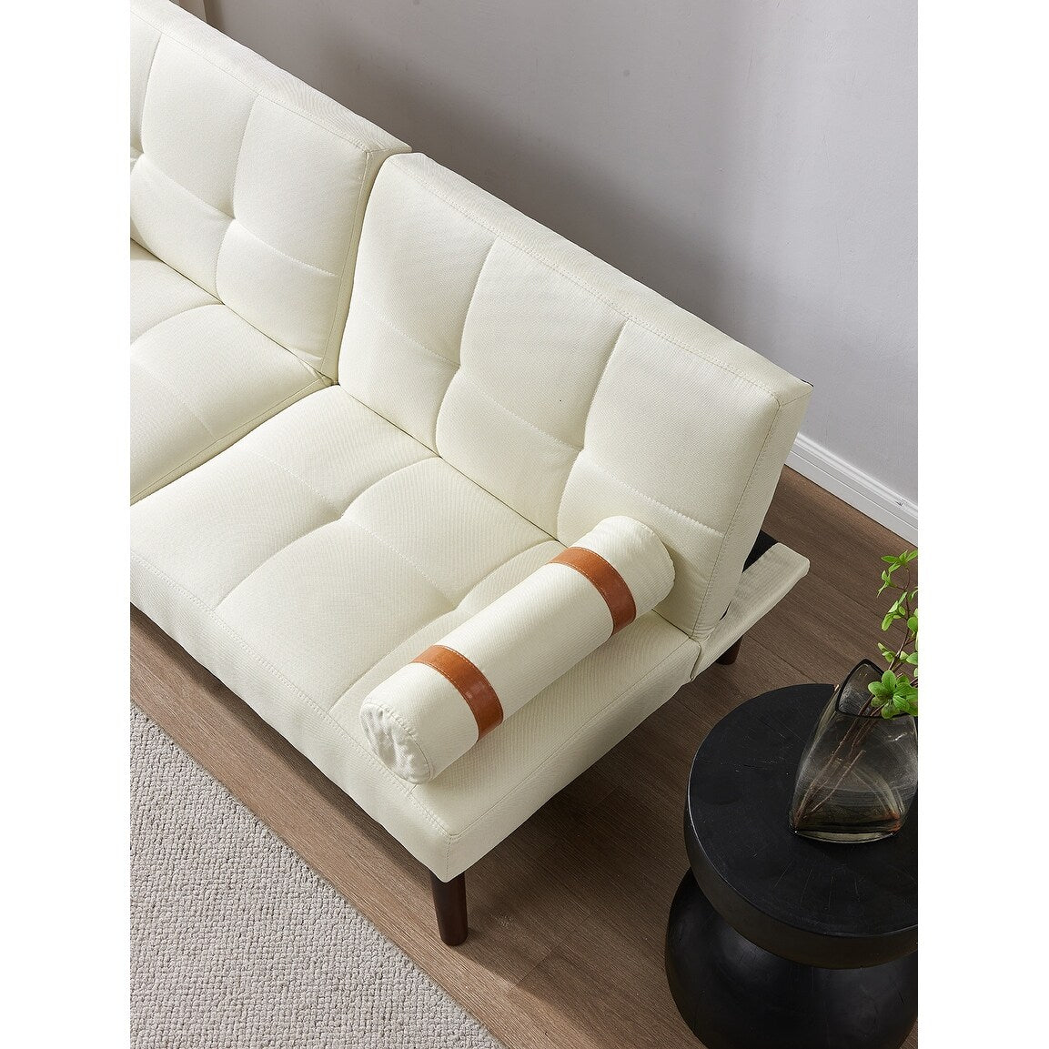 Divano letto futon trasformabile con gambe in legno massello, tessuto di lino grigio
