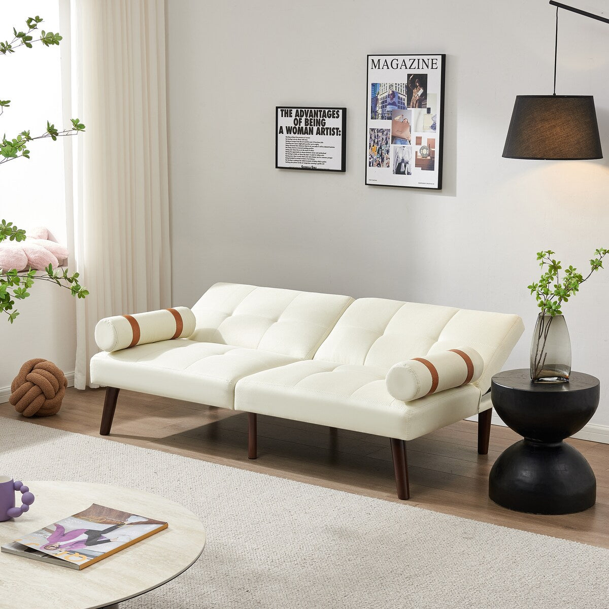 Divano letto futon trasformabile con gambe in legno massello, tessuto di lino grigio