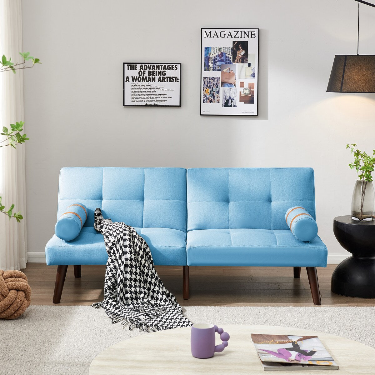 Divano letto futon trasformabile con gambe in legno massello, tessuto di lino grigio