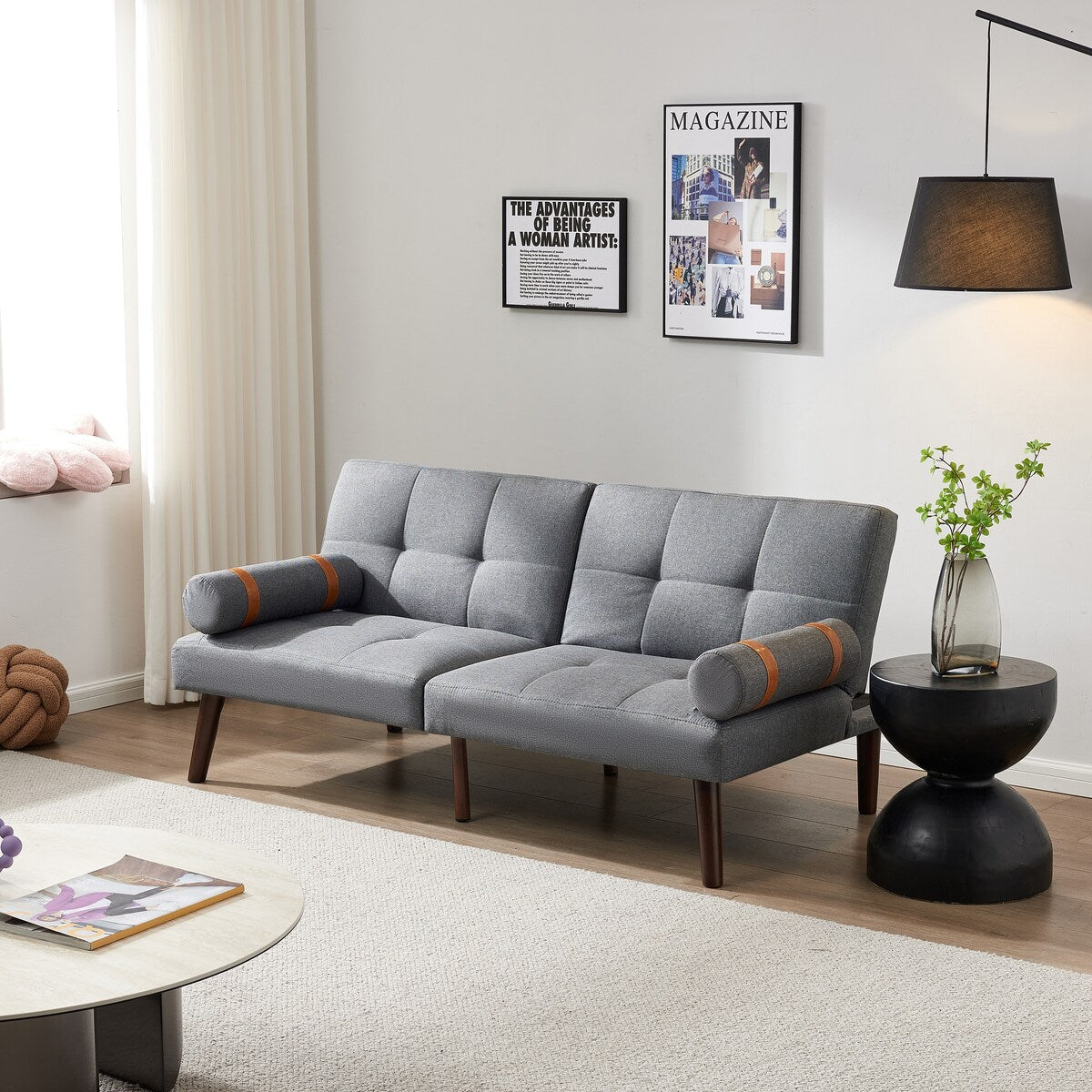 Divano letto futon trasformabile con gambe in legno massello, tessuto di lino grigio