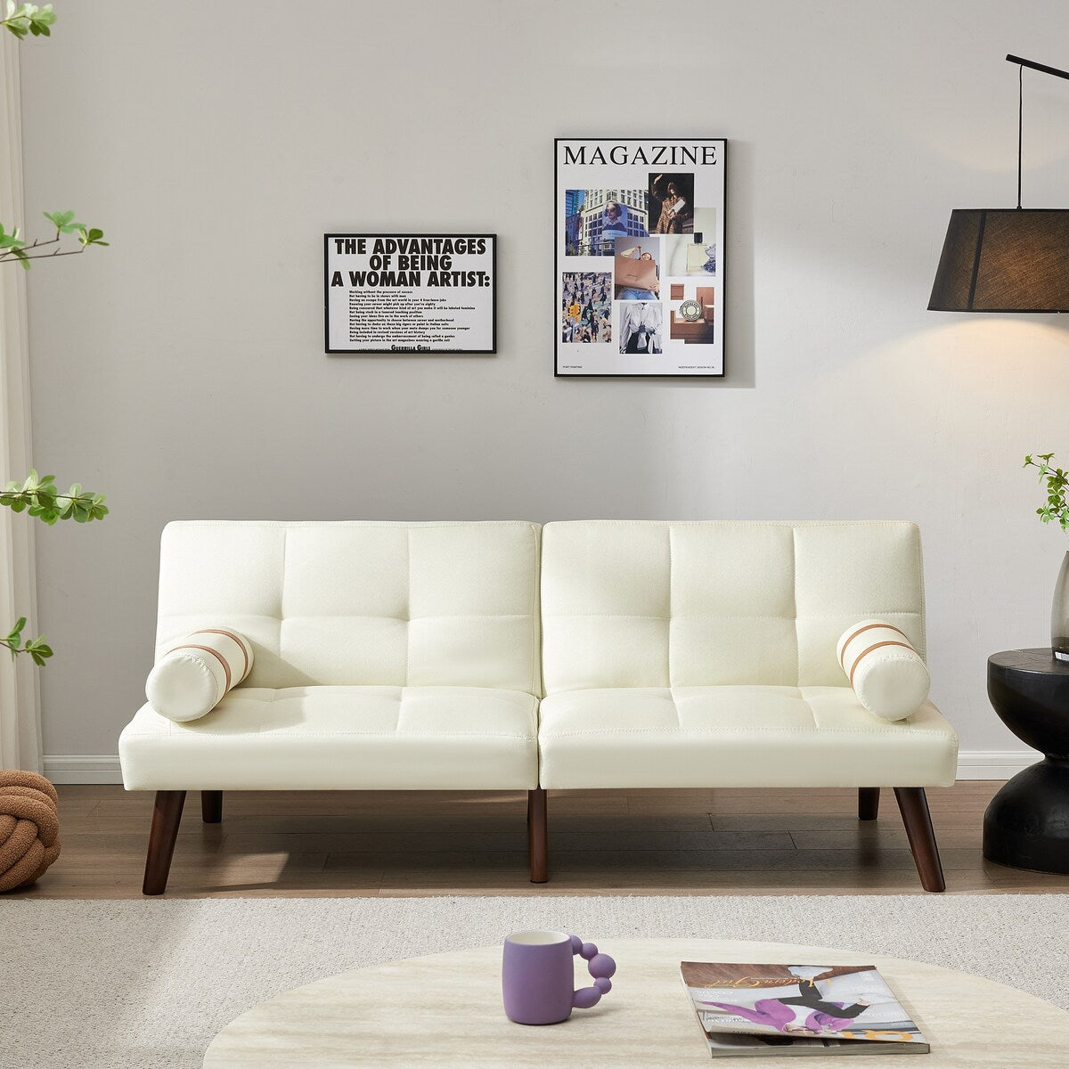 Divano letto futon trasformabile con gambe in legno massello, tessuto di lino grigio
