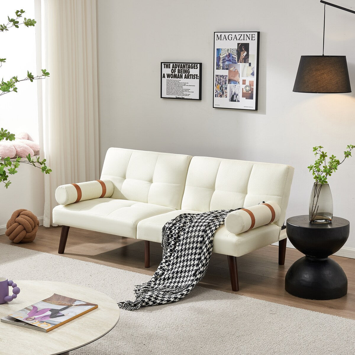 Divano letto futon trasformabile con gambe in legno massello, tessuto di lino grigio
