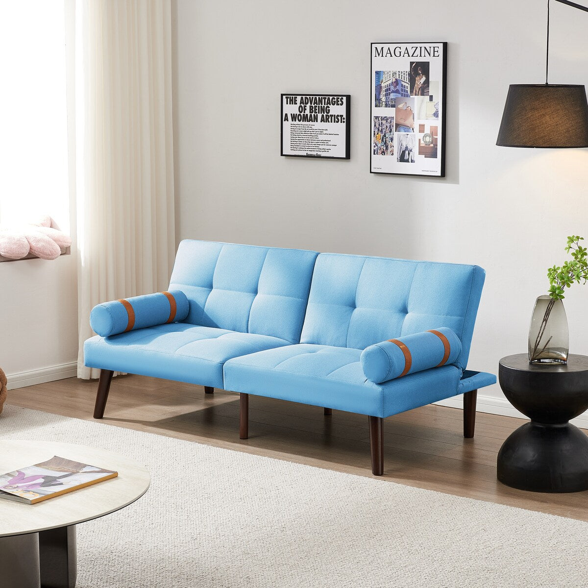 Divano letto futon trasformabile con gambe in legno massello, tessuto di lino grigio
