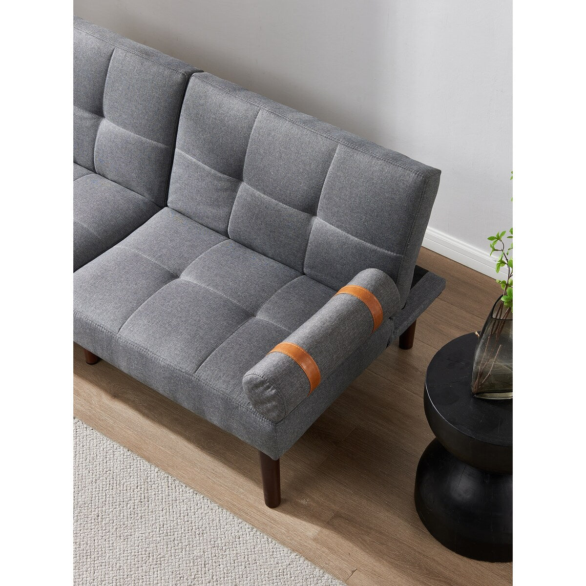 Divano letto futon trasformabile con gambe in legno massello, tessuto di lino grigio