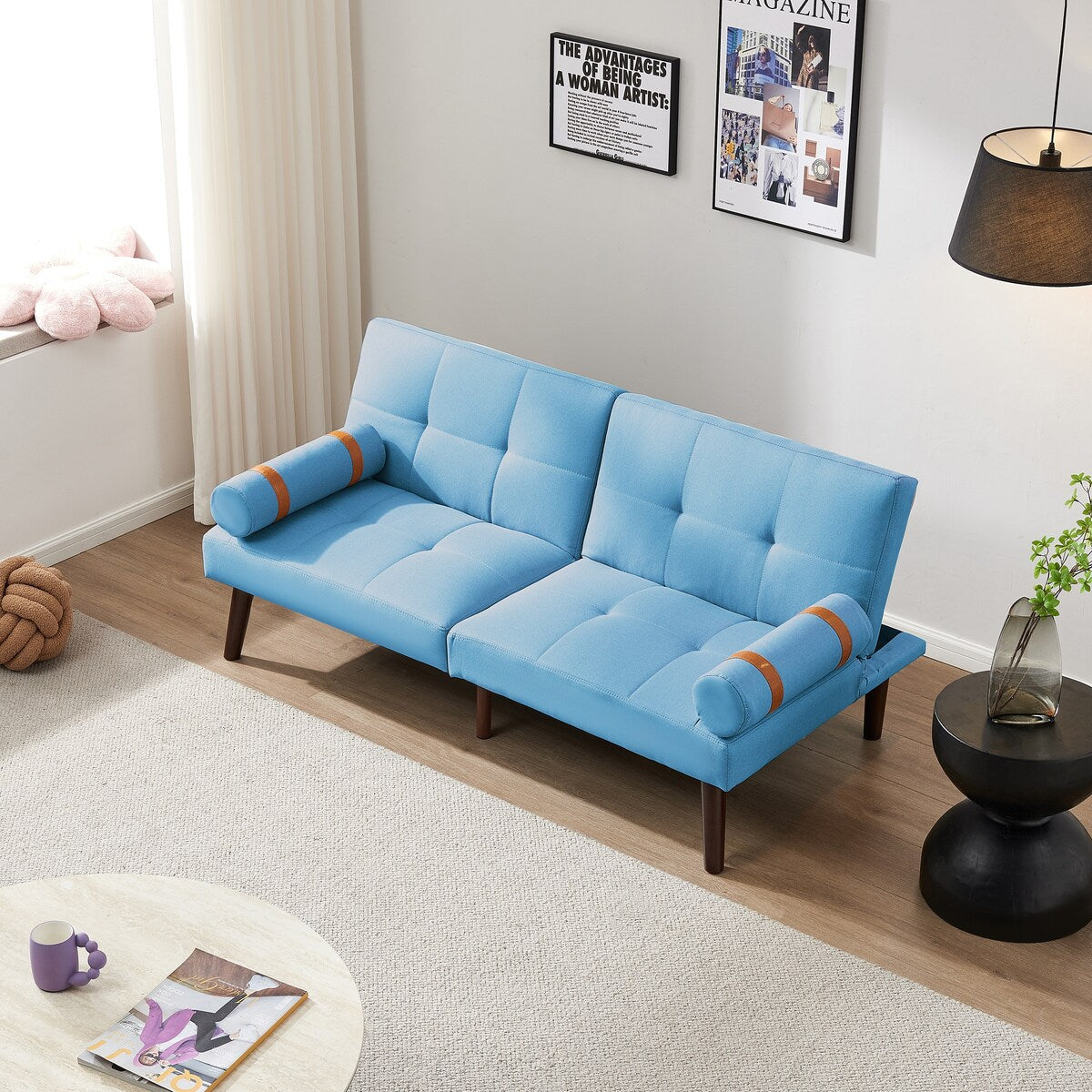 Divano letto futon trasformabile con gambe in legno massello, tessuto di lino grigio