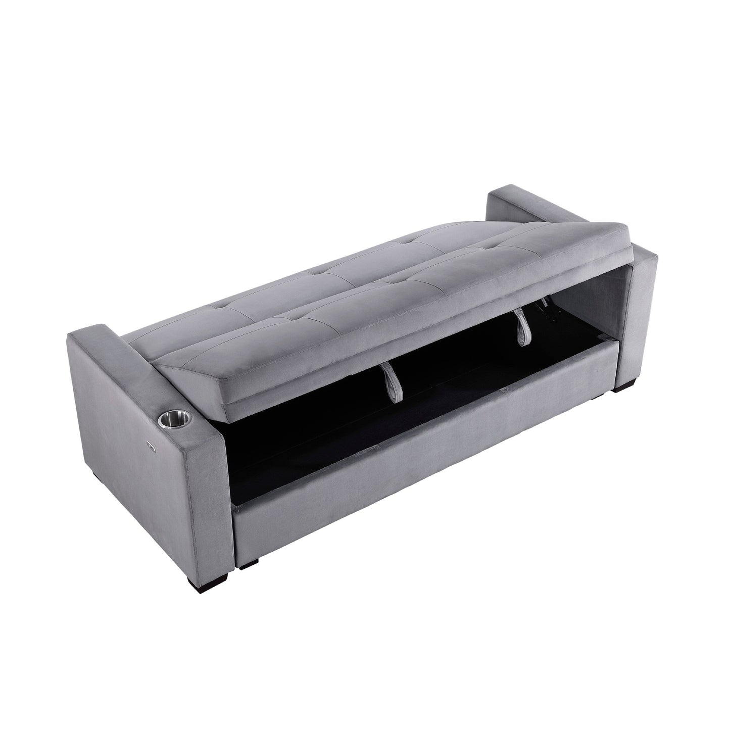 Divano trasformabile, schienale in velluto trapuntato grigio, porte di ricarica USB, 84 pollici