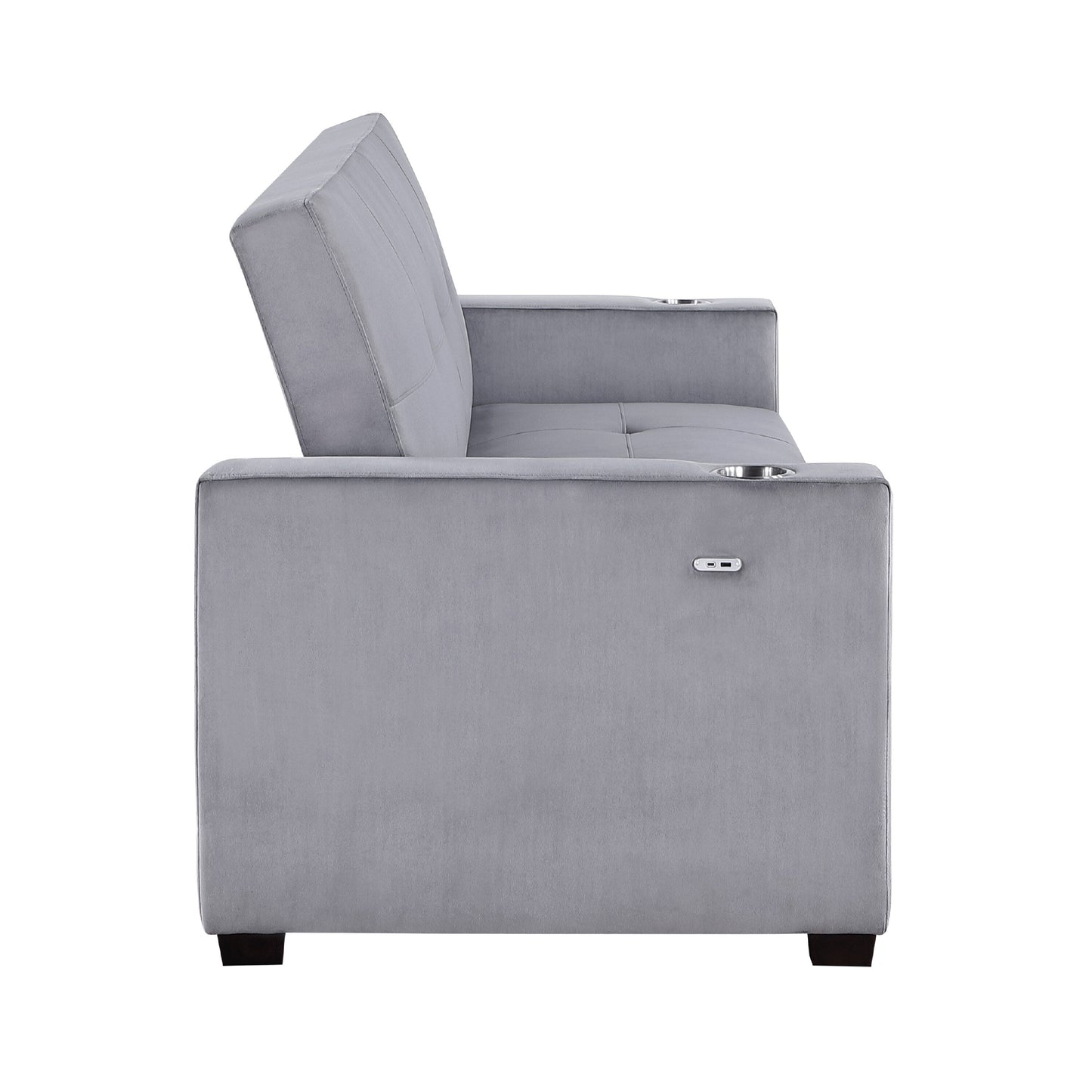 Divano trasformabile, schienale in velluto trapuntato grigio, porte di ricarica USB, 84 pollici