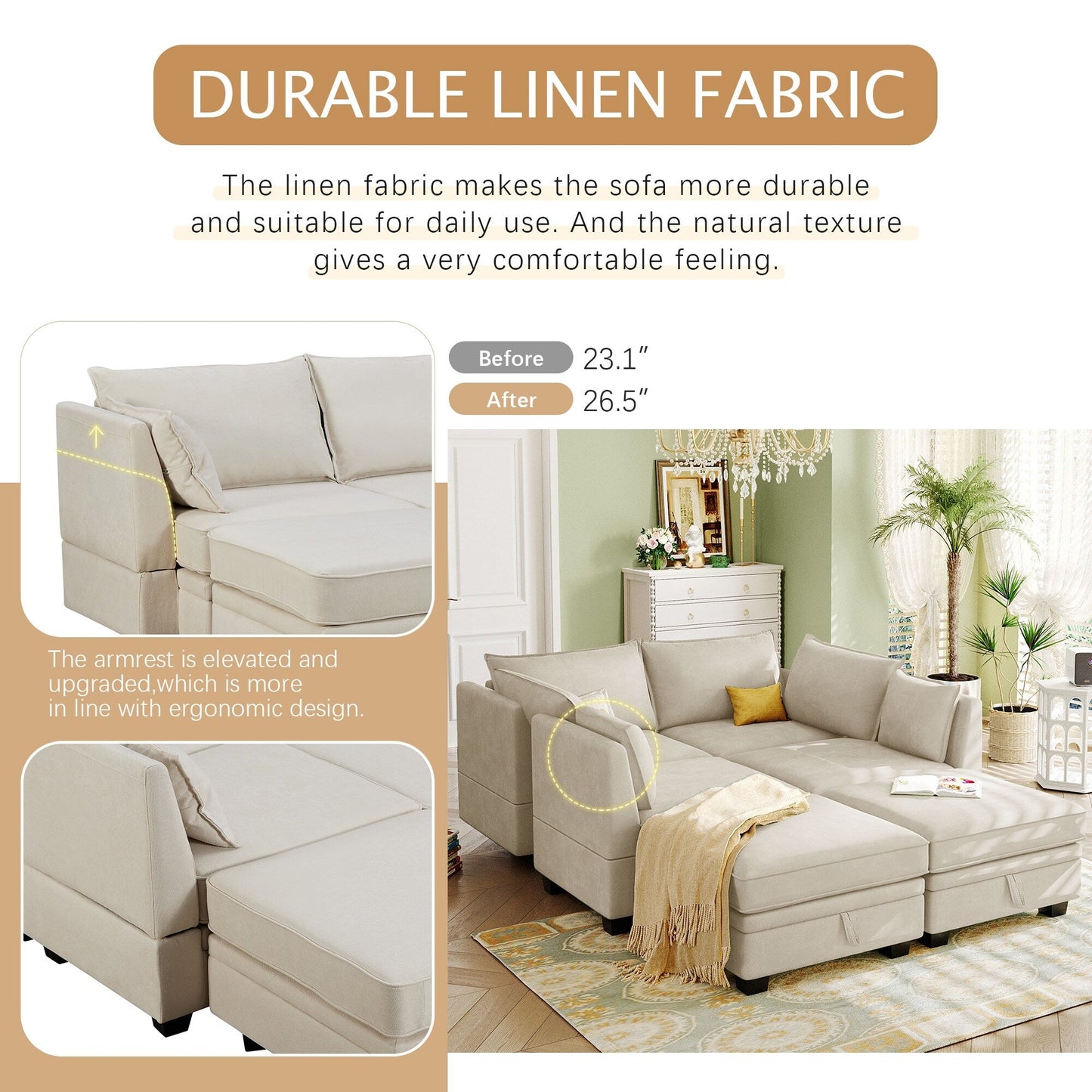Divano componibile modulare a forma di U trasformabile con pouf contenitore e chaise longue reversibile per soggiorno