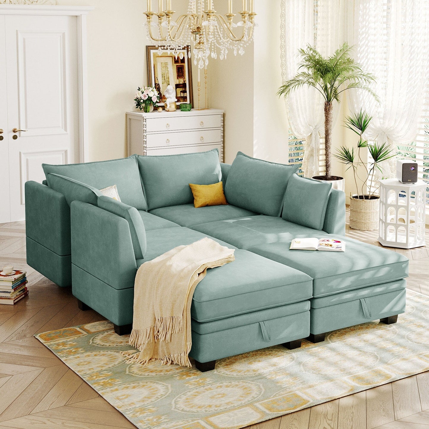Divano componibile modulare a forma di U trasformabile con pouf contenitore e chaise longue reversibile per soggiorno