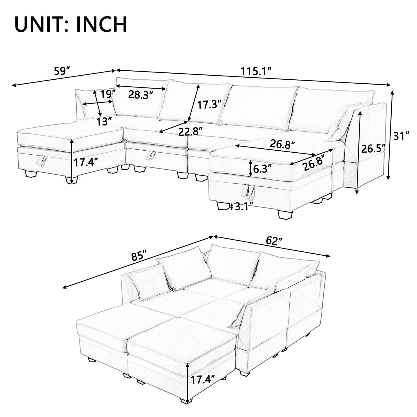 Divano componibile modulare a forma di U trasformabile con pouf contenitore e chaise longue reversibile per soggiorno