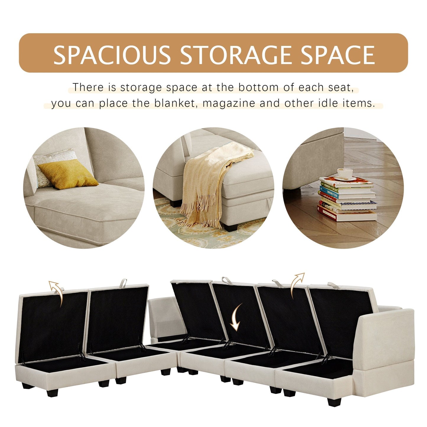 Divano componibile modulare a forma di U trasformabile con pouf contenitore e chaise longue reversibile per soggiorno