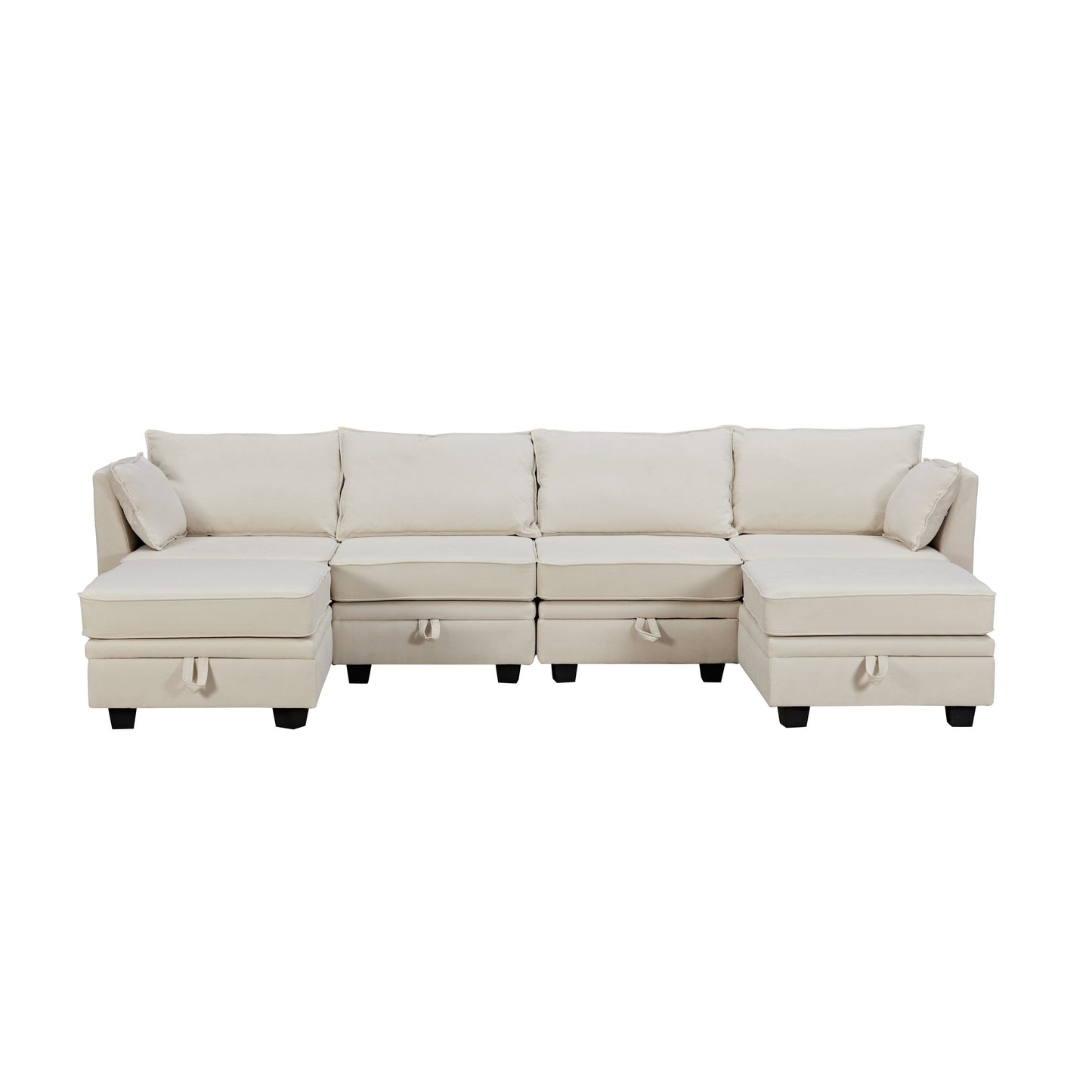 Divano componibile modulare a forma di U trasformabile con pouf contenitore e chaise longue reversibile per soggiorno