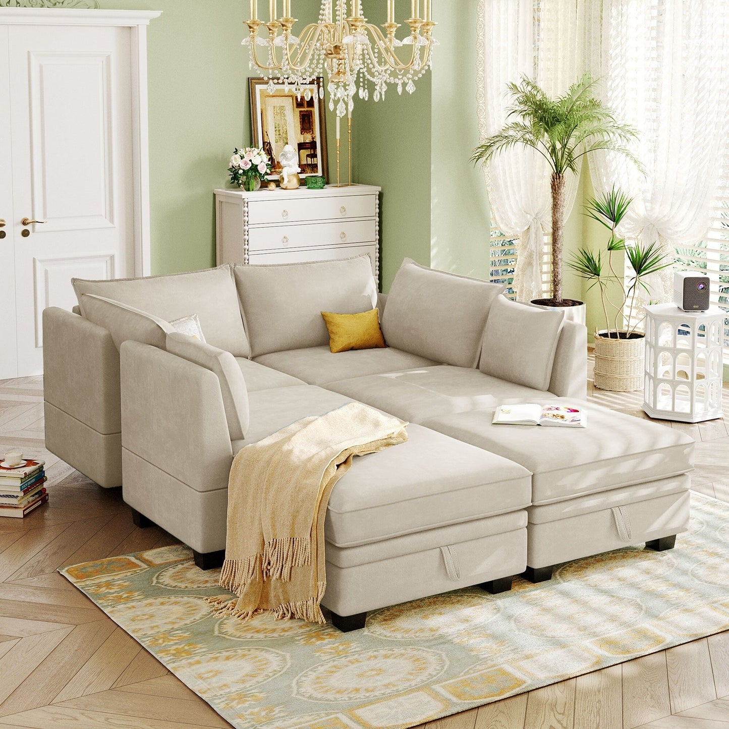 Divano componibile modulare a forma di U trasformabile con pouf contenitore e chaise longue reversibile per soggiorno