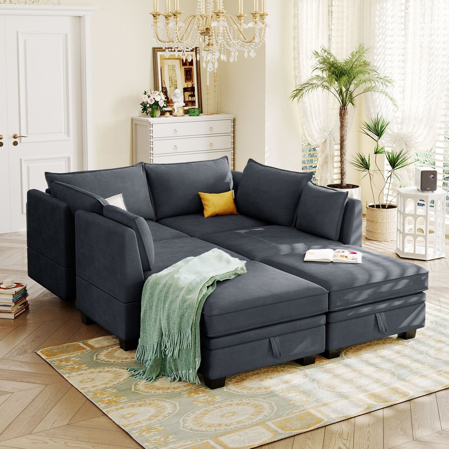 Divano componibile modulare a forma di U trasformabile con pouf contenitore e chaise longue reversibile per soggiorno