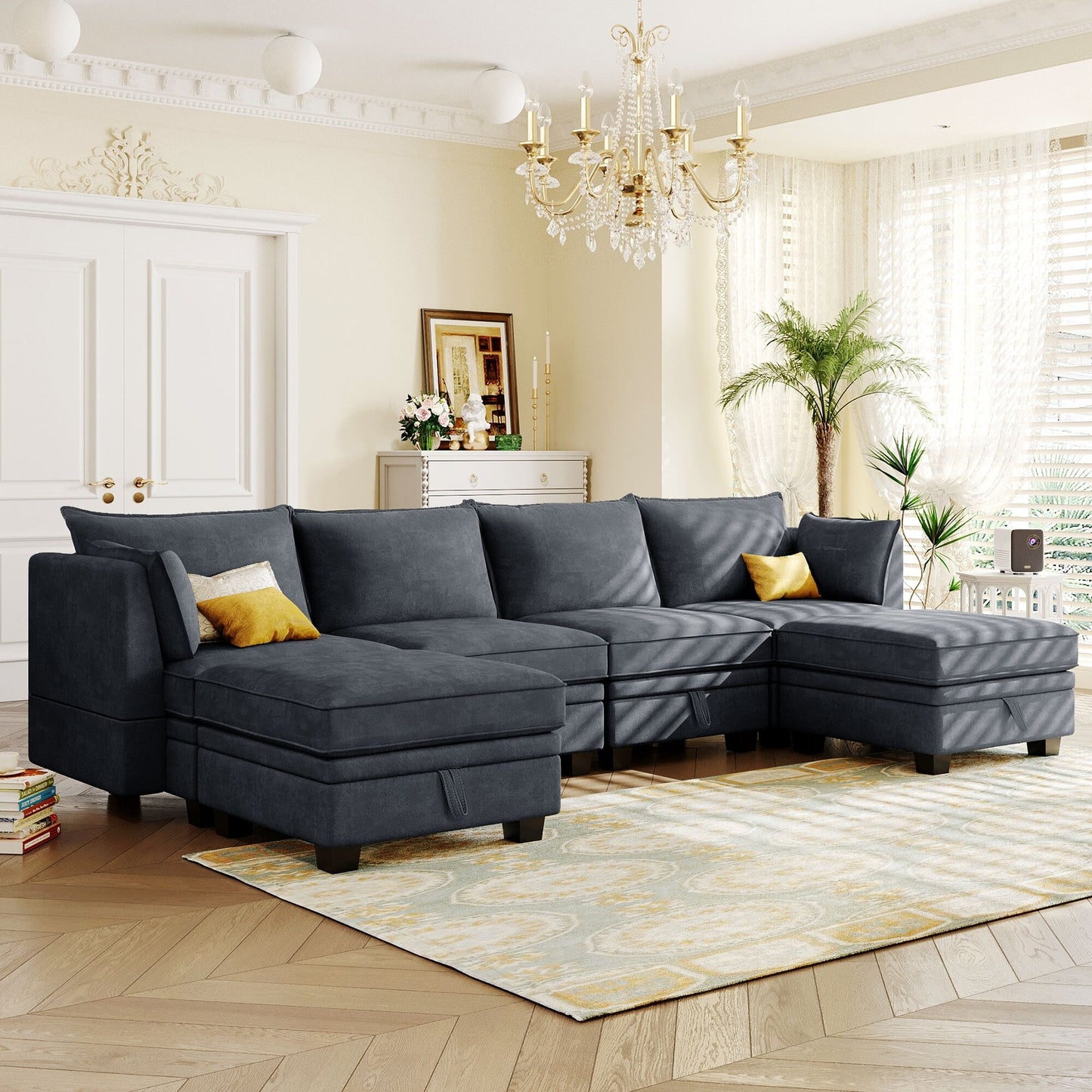 Divano componibile modulare a forma di U trasformabile con pouf contenitore e chaise longue reversibile per soggiorno