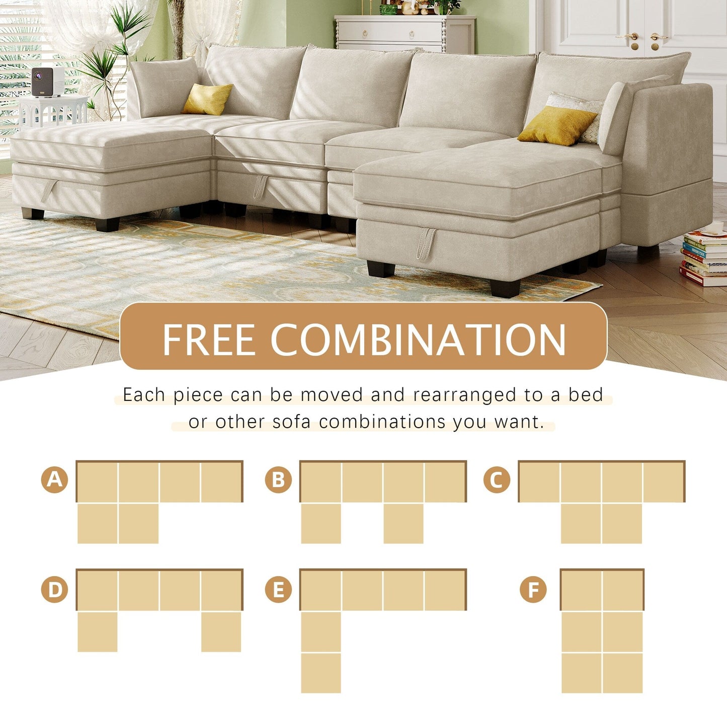 Divano componibile modulare a forma di U trasformabile con pouf contenitore e chaise longue reversibile per soggiorno