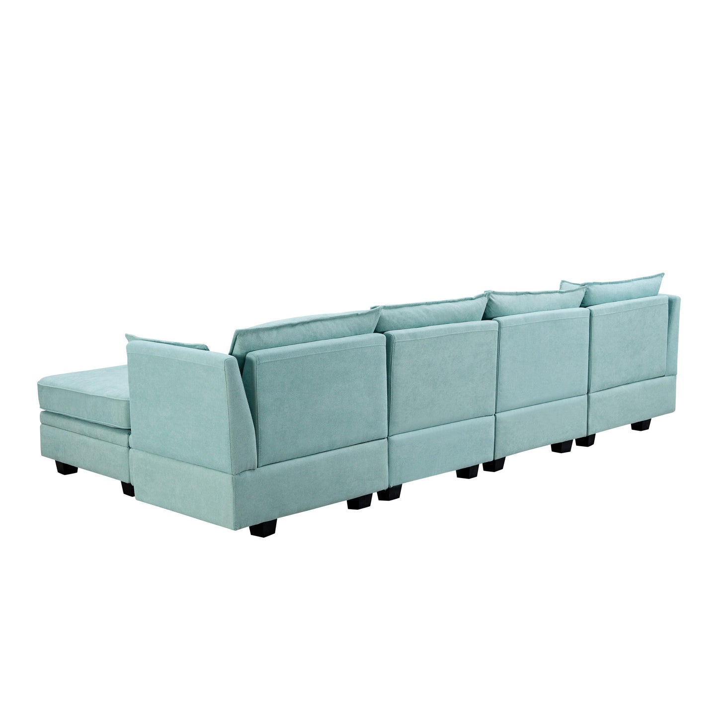 Divano componibile modulare a forma di U trasformabile con pouf contenitore e chaise longue reversibile per soggiorno