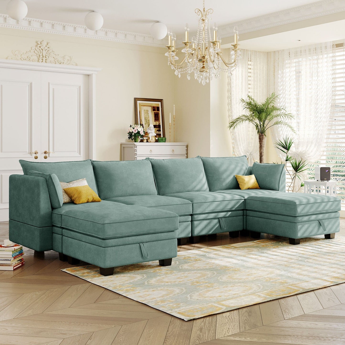 Divano componibile modulare a forma di U trasformabile con pouf contenitore e chaise longue reversibile per soggiorno