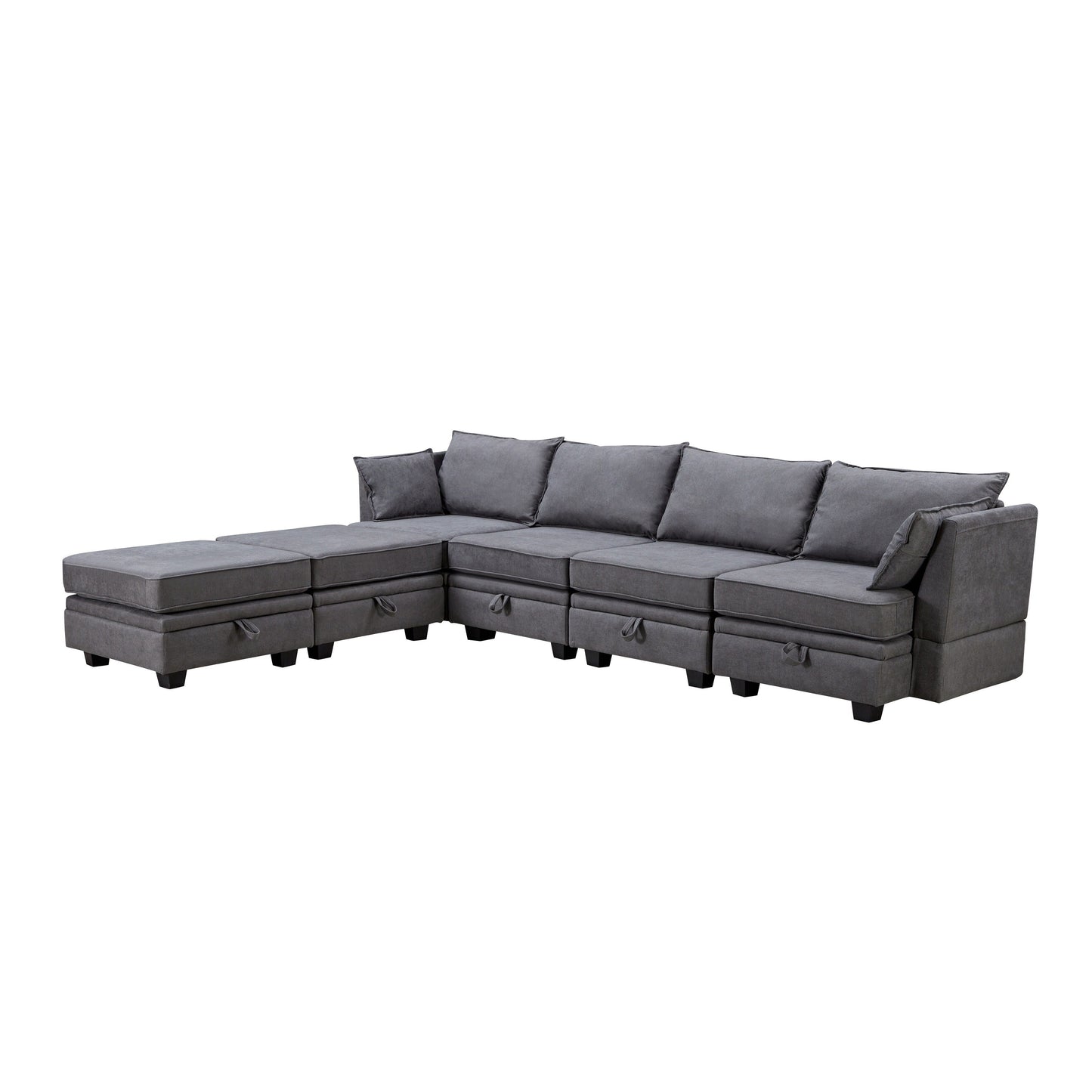 Divano componibile modulare a forma di U trasformabile con pouf contenitore e chaise longue reversibile per soggiorno