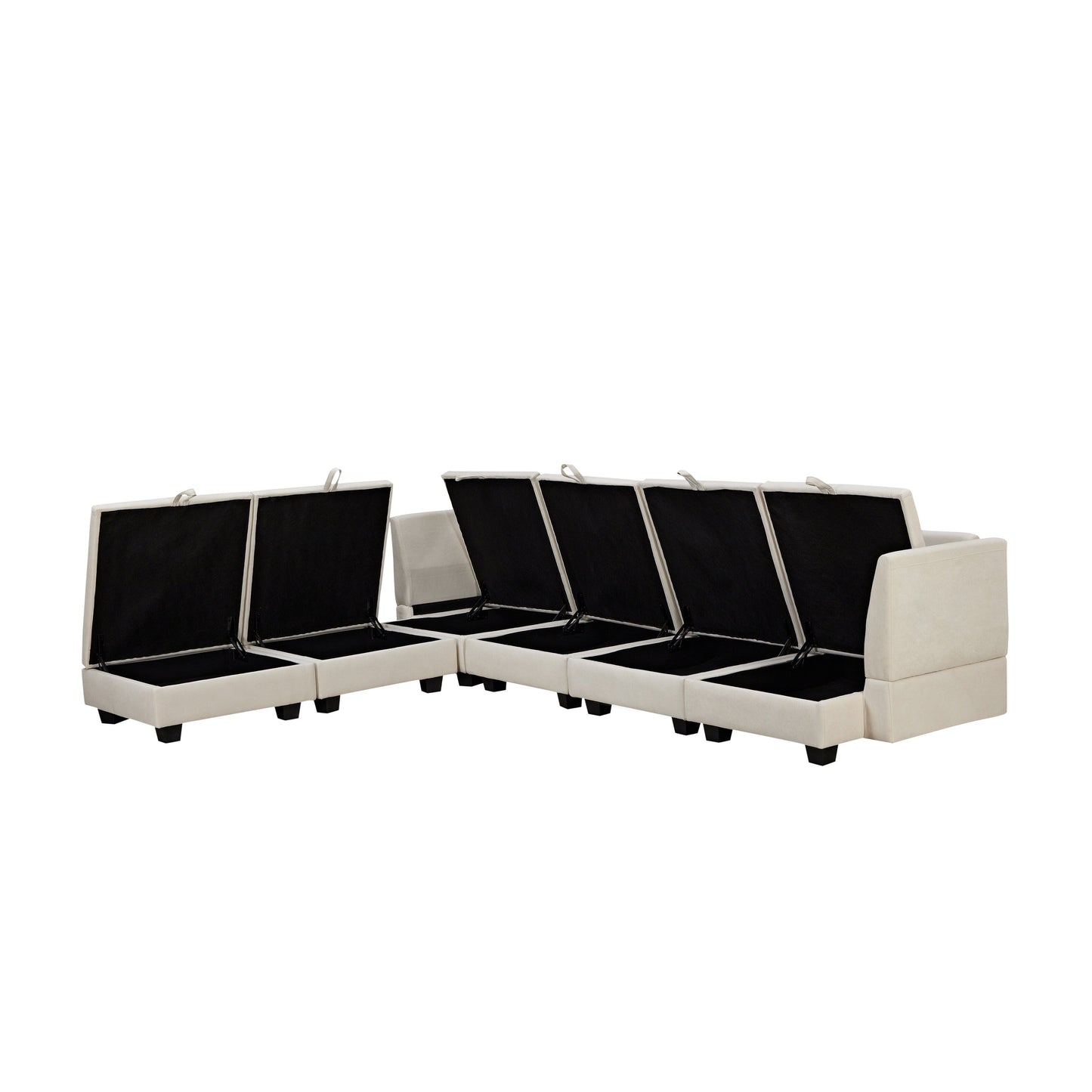 Divano componibile modulare a forma di U trasformabile con pouf contenitore e chaise longue reversibile per soggiorno