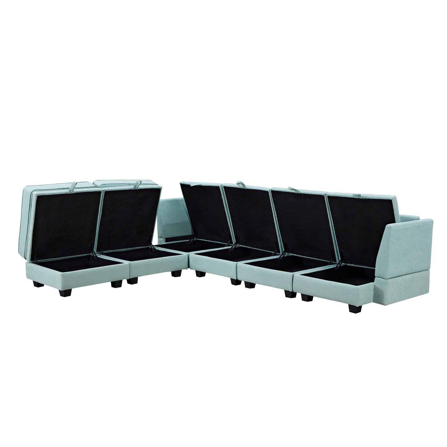 Divano componibile modulare a forma di U trasformabile con pouf contenitore e chaise longue reversibile per soggiorno