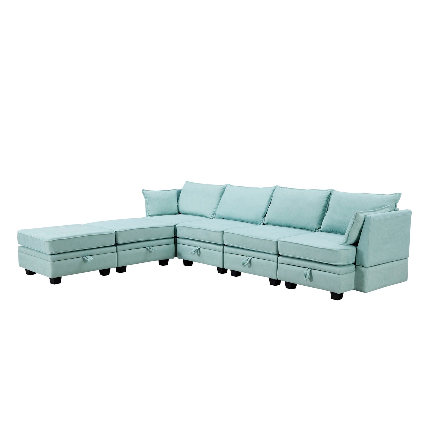 Divano componibile modulare a forma di U trasformabile con pouf contenitore e chaise longue reversibile per soggiorno