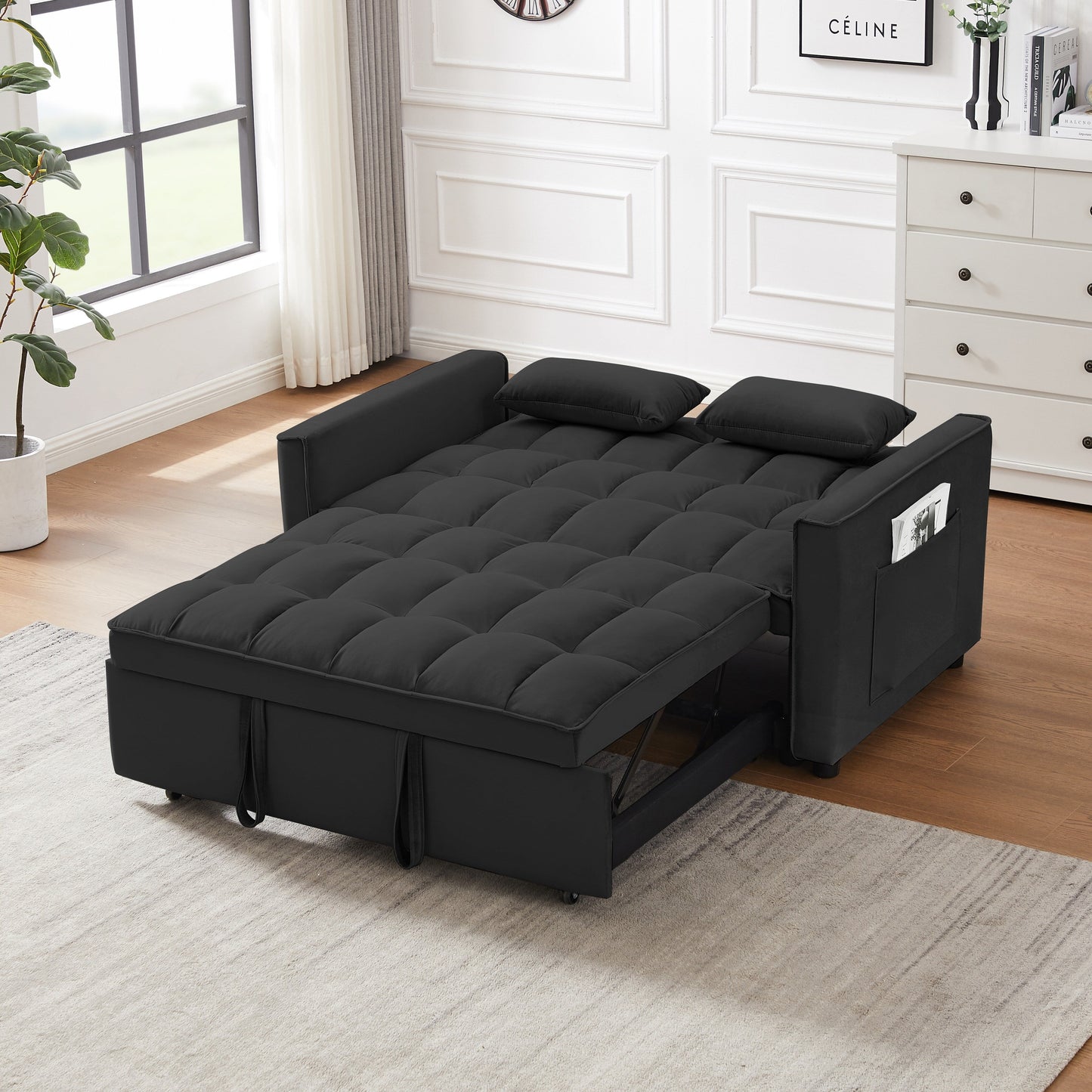 Divano a due posti trasformabile in velluto con schienale reclinabile, letto estraibile e cuscini, perfetto per piccoli spazi