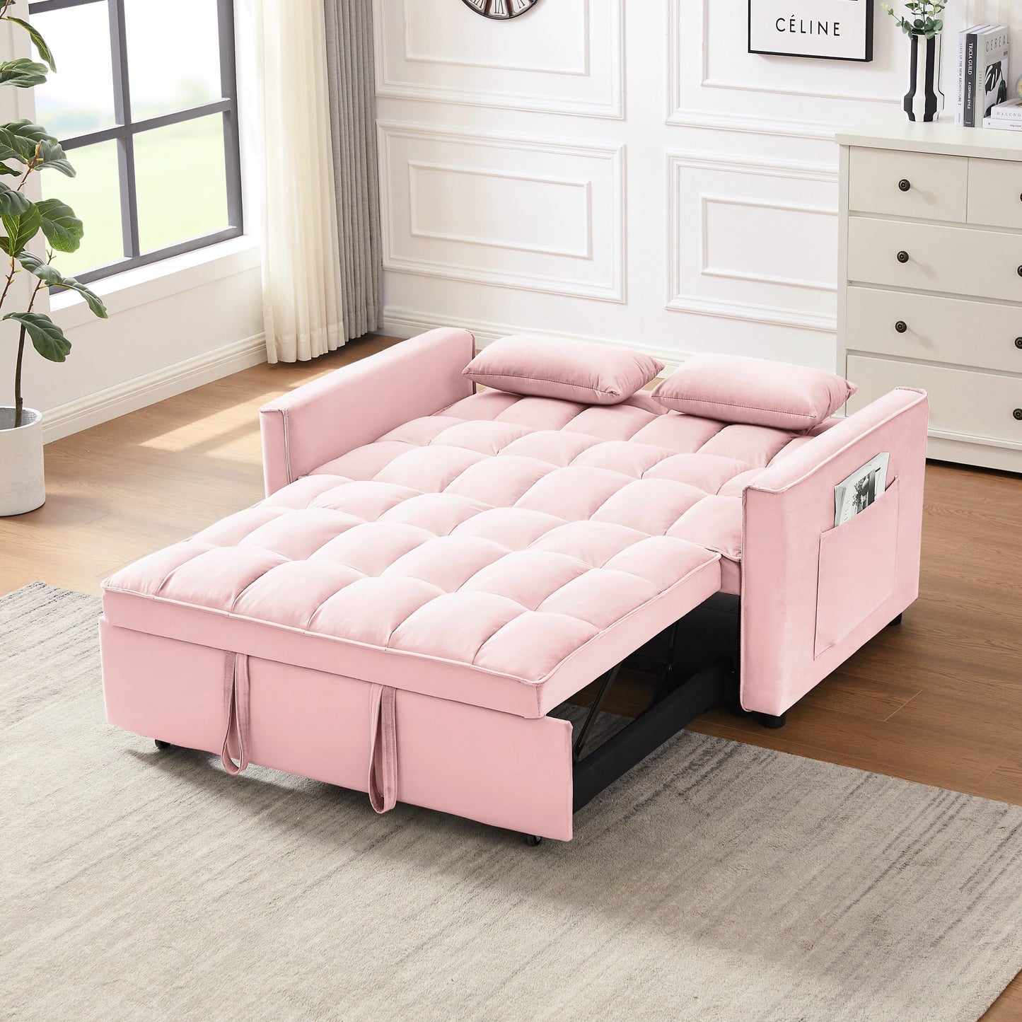 Divano a due posti trasformabile in velluto con schienale reclinabile, letto estraibile e cuscini, perfetto per piccoli spazi