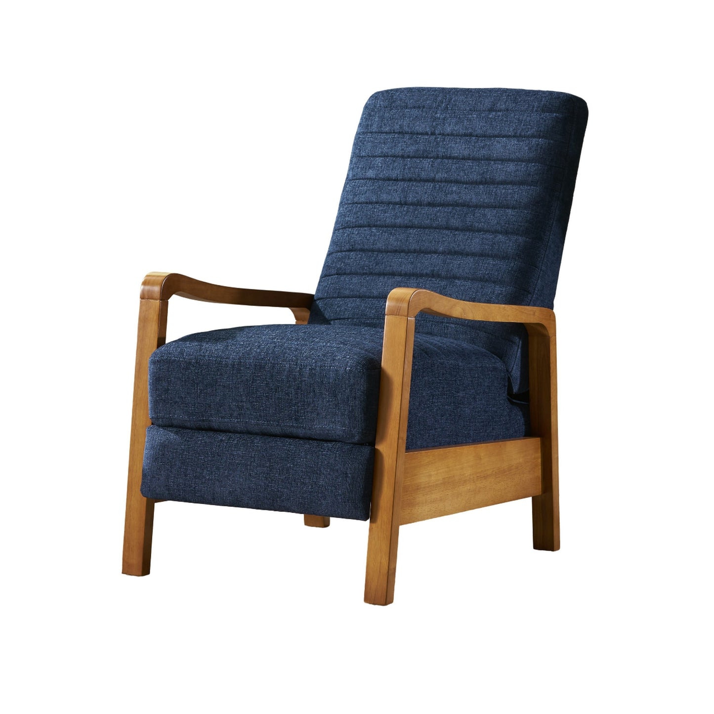 Poltrona reclinabile manuale Copa, in legno marrone, con trapuntatura a canale blu navy