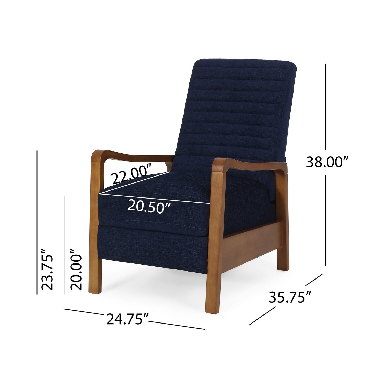 Poltrona reclinabile manuale Copa, in legno marrone, con trapuntatura a canale blu navy