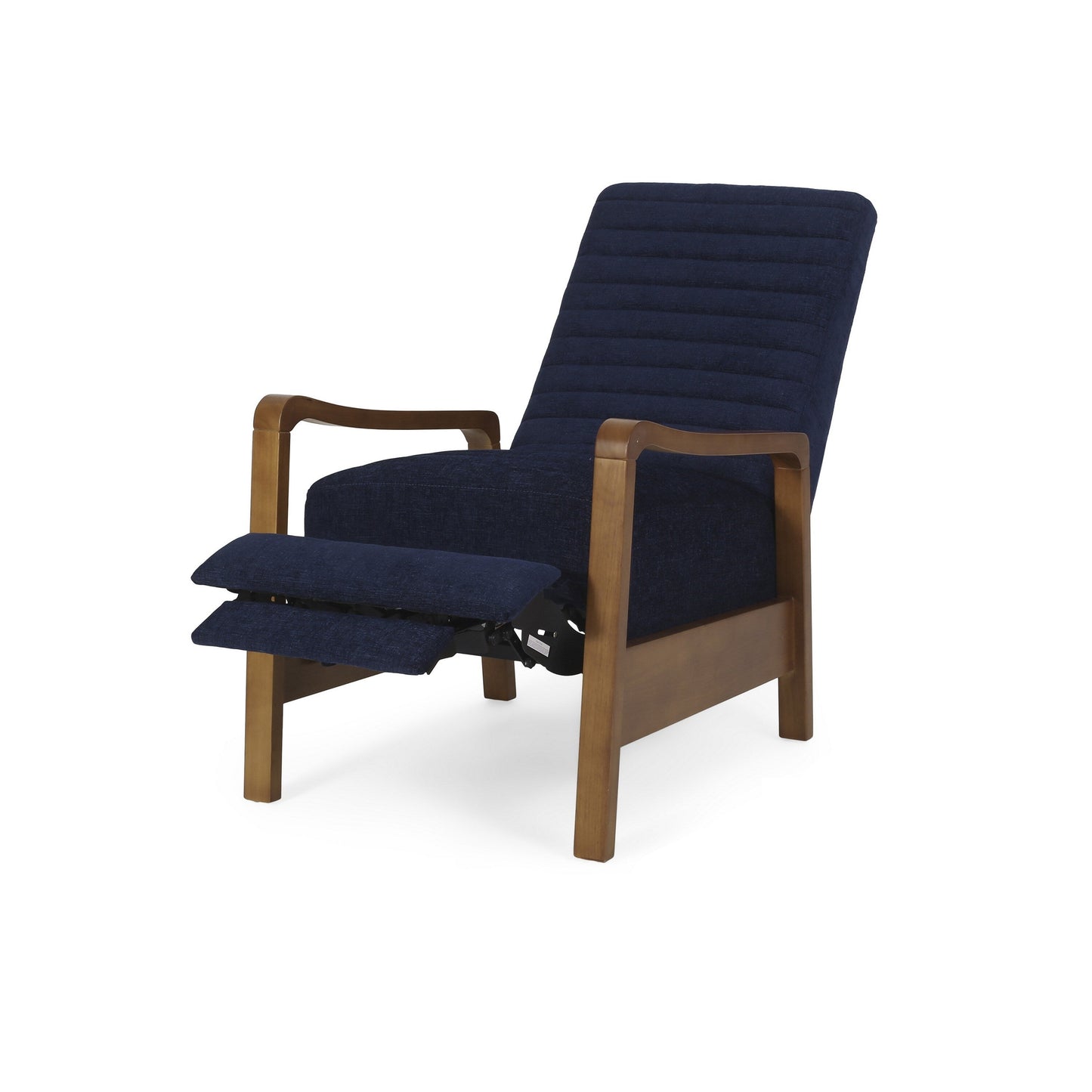Poltrona reclinabile manuale Copa, in legno marrone, con trapuntatura a canale blu navy