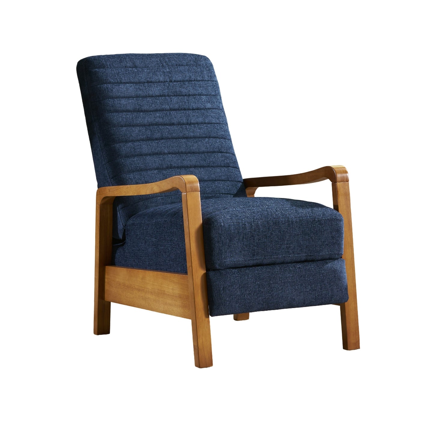 Poltrona reclinabile manuale Copa, in legno marrone, con trapuntatura a canale blu navy