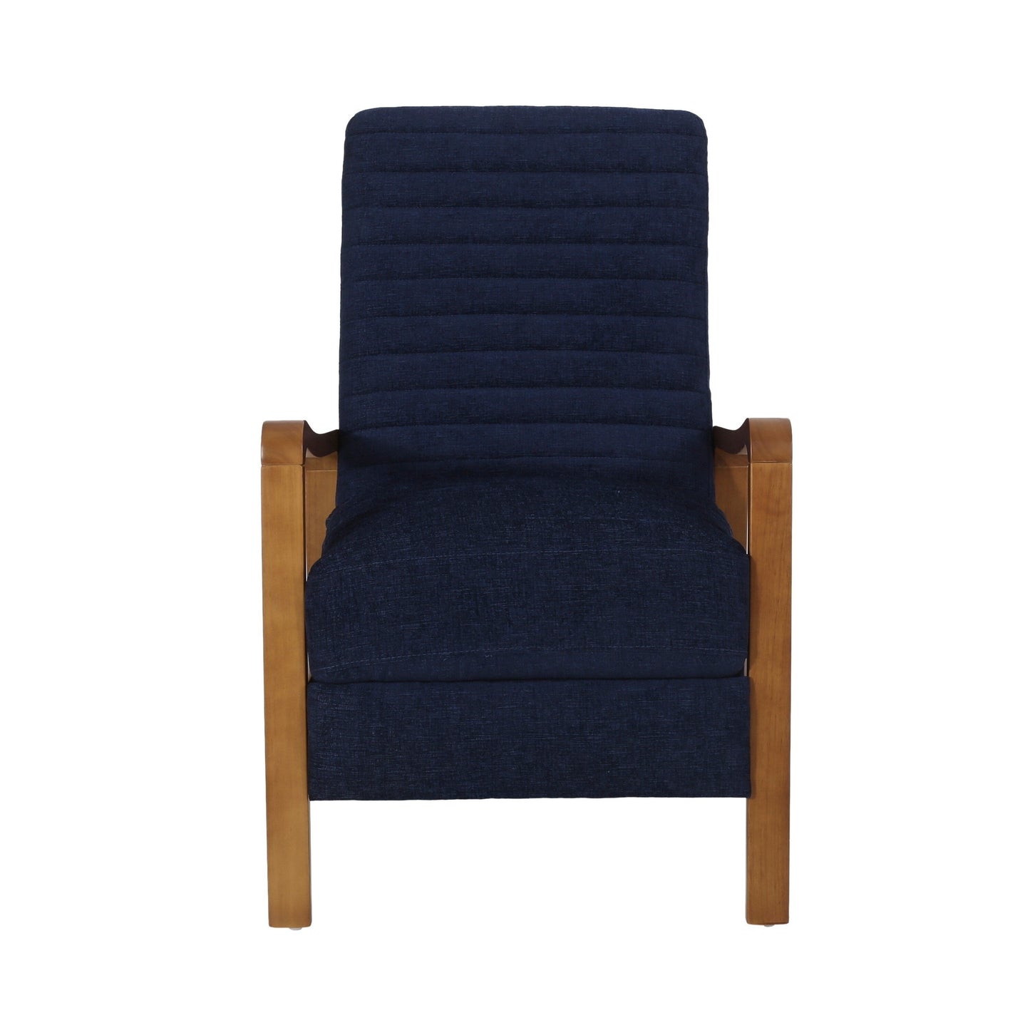 Poltrona reclinabile manuale Copa, in legno marrone, con trapuntatura a canale blu navy